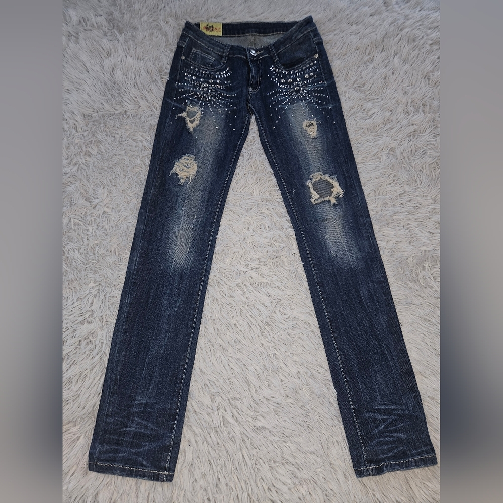 Machine Pour Neuf Mode Jeans Rhinestone Accents Distressed Ripped Womens 28 Blue